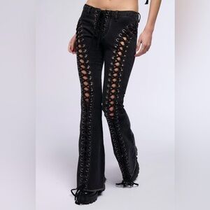 NWT Current Mood Wild Wanderer Lace-Up Frayed Hem Flare Jeans - Black - Size XS